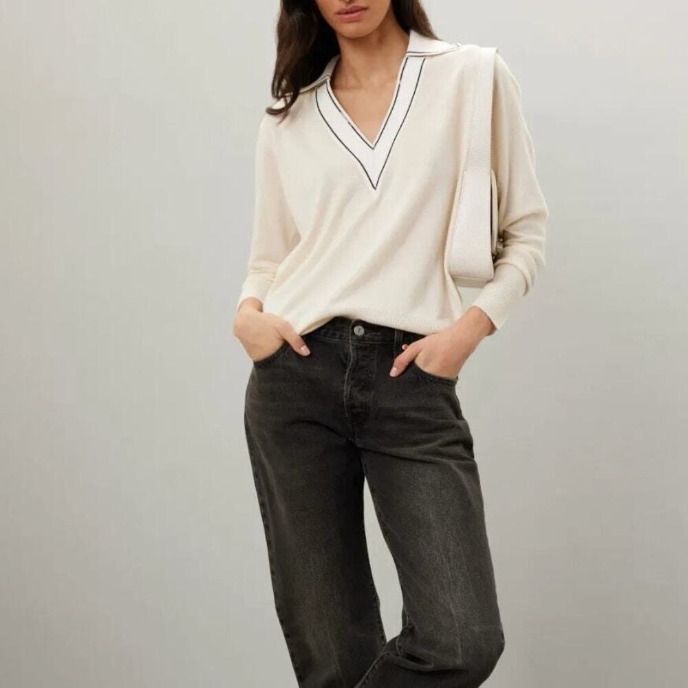 SANDRO Off-White Wool Knit Sequin Collar V-Neck Sweater Size 36